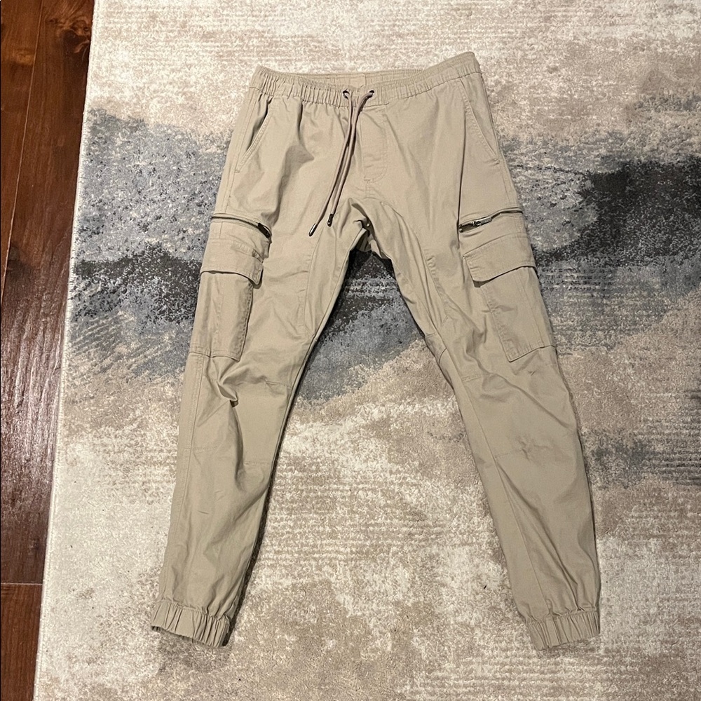 Men's Beige Cargo Pants with Elastic Cuffs